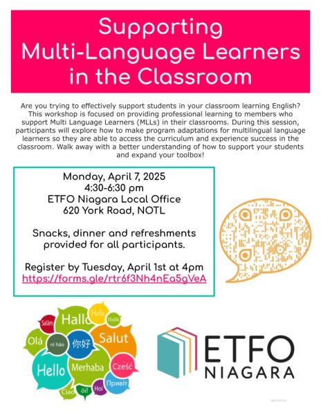 Colourful flyer containing workshop information, speech bubbles, registration information and link/QR code, and the ETFO Niagara logo.